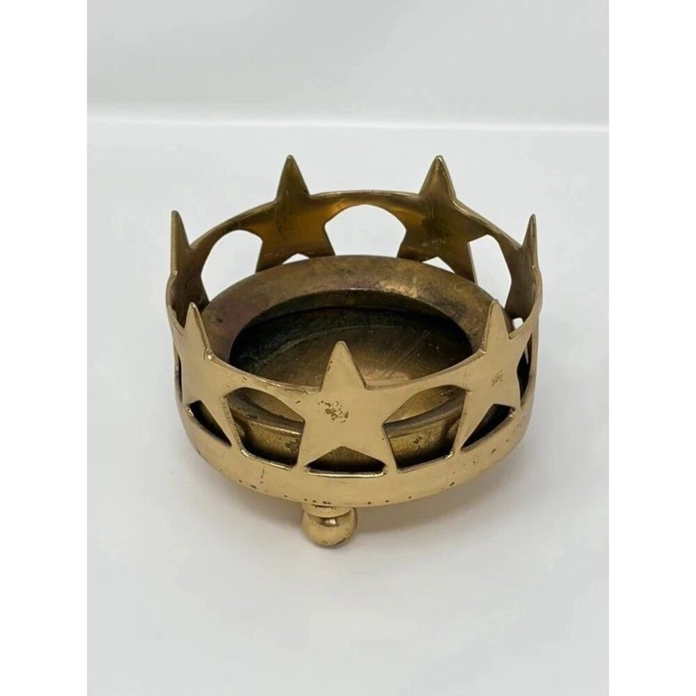 Vintage Brass Celestial Star Crown Candle Holder Votive Pillar Footed India